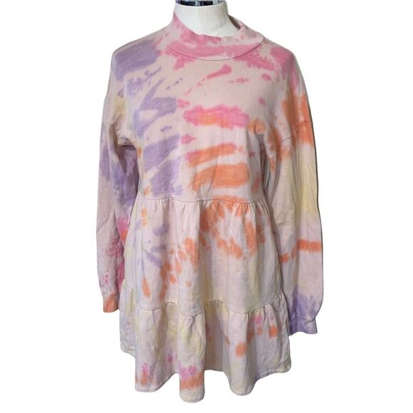 Wild Fable Tie Dye Tiered Mock neck Multicolored Peach Dress w/pockets NWTs sz S - Picture 1 of 6